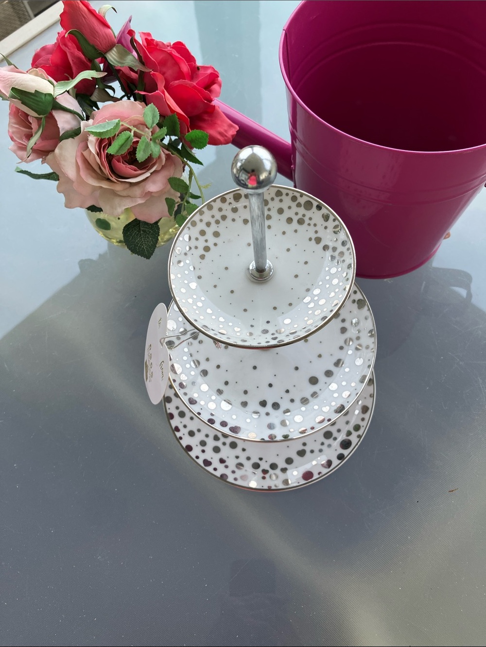 Porcelain 3 Tier White Serving Dish With Sparkling Silver Polka Dots - Picture 7 of 11